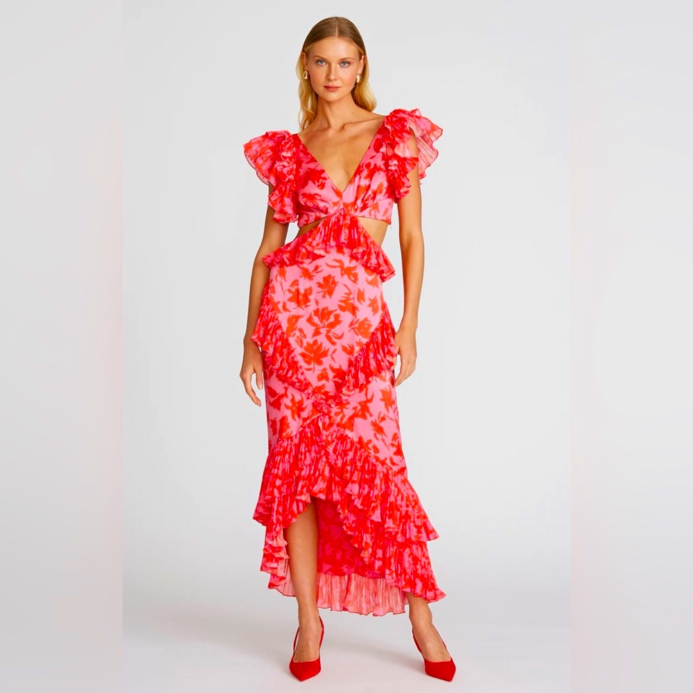 Amur Gen Cut Out Pink Floral Silk Evening Gown Dress Size 10 Large Nwt